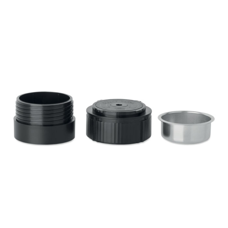 Vue des trois éléments démontés de la machine à café portable : un support cylindrique noir fileté, un module d'extraction noir 