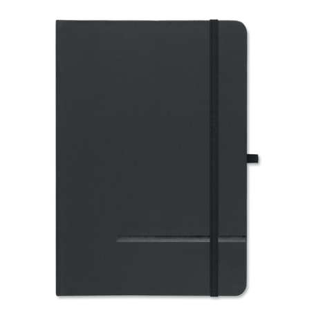 Vue de face du carnet A5 noir fermé, avec coins arrondis, élastique vertical sur le côté droit, passant latéral et rainure horiz
