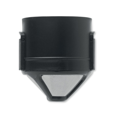 Vue de face du filtre à café noir avec corps cylindrique, fixations latérales et partie inférieure conique présentant une fine g