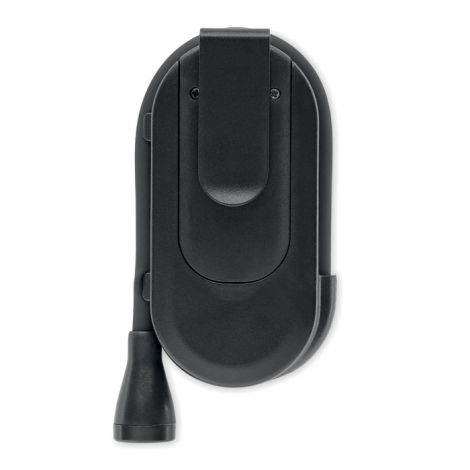 Vue arrière d'une lampe de lecture noire avec large clip de fixation central, aux extrémités arrondies. La tête lumineuse cylind