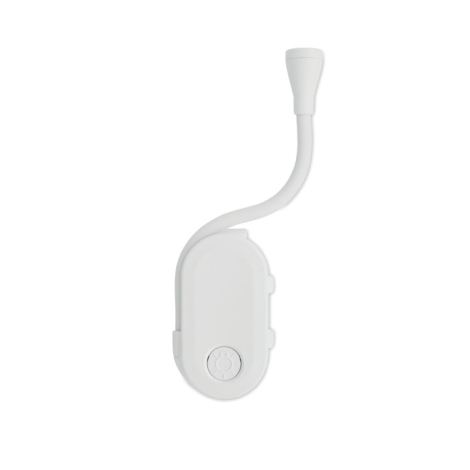 Lampe de lecture blanche vue de face, avec boîtier ovale et bouton circulaire dans sa partie inférieure. Son bras flexible forme