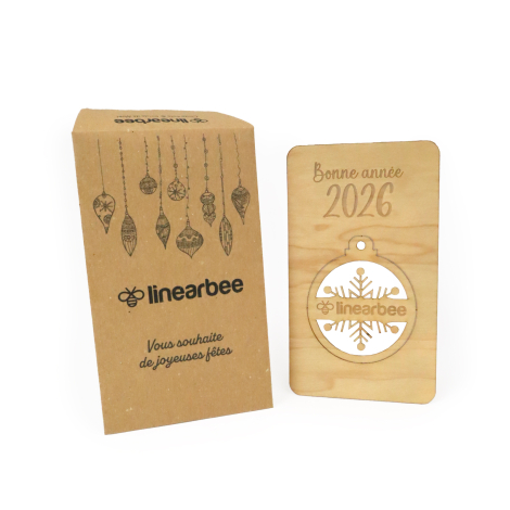 Carte de vœux publicitaire en bois avec décoration de Noël détachable