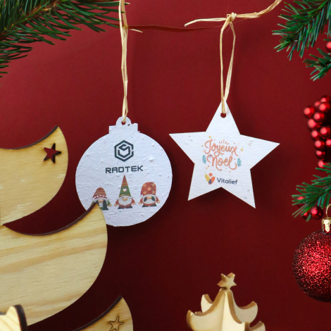 Deux boules de Noël en papier ensemencé RADTEK, suspendues par des liens en raphia sur fond rouge. Décor de lutins au recto et i