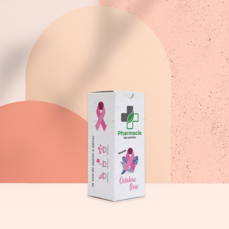 Boîte haute en papier ensemencé personnalisée pour la Pharmacie des Plantes, avec logo, rubans roses et visuel Octobre Rose, sur