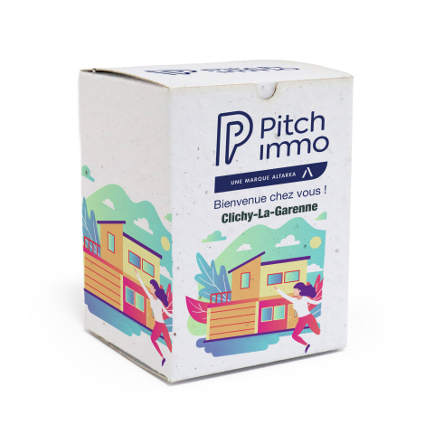 Boîte rectangulaire en papier ensemencé personnalisée avec le logo Pitch Immo, un message de bienvenue et des illustrations colo