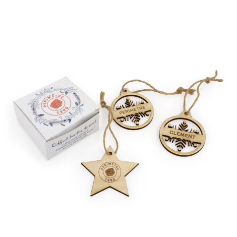 Coffret décorations de Noël publicitaire en bois et papier ensemencé