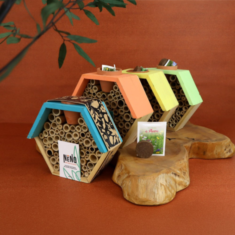 Hôtels à insectes personnalisables aux toits bleu, orange, jaune et vert, présentés sur des rondins de bois avec sachet de grain