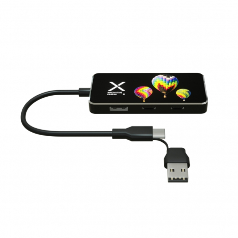 Hub USB multifonction noir avec surface personnalisée par un logo blanc et des montgolfières multicolores, équipé de plusieurs p