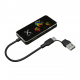 Vue de trois quarts d'un hub USB noir personnalisé avec impression couleur de montgolfières, connectique multiple et câble intég Vue de trois quarts d'un hub USB noir personnalisé avec impression couleur de montgolfières, connectique multiple et câble intég