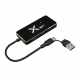 Hub USB noir avec logo personnalisé lumineux blanc sur la face supérieure, plusieurs ports de connexion et câble intégré USB-A e Hub USB noir avec logo personnalisé lumineux blanc sur la face supérieure, plusieurs ports de connexion et câble intégré USB-A e