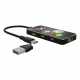 Vue rapprochée d'un hub USB noir avec impression couleur sur le dessus, ports USB-A et USB-C sur les côtés et câble de connexion Vue rapprochée d'un hub USB noir avec impression couleur sur le dessus, ports USB-A et USB-C sur les côtés et câble de connexion