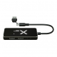 Vue de dessus d'un hub USB noir personnalisé avec logo blanc lumineux, deux ports USB-A et un port USB-C visibles, accompagné de Vue de dessus d'un hub USB noir personnalisé avec logo blanc lumineux, deux ports USB-A et un port USB-C visibles, accompagné de