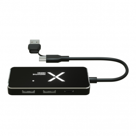 Vue de dessus d'un hub USB noir personnalisé avec logo blanc lumineux, deux ports USB-A et un port USB-C visibles, accompagné de