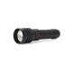 Lampe torche noire présentée à l'horizontale, avec large tête circulaire à lentille transparente, corps texturé et bouton latéra