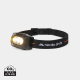 Lampe frontale noire présentée de trois quarts, avec ses LED allumées et son bandeau réglable formant une boucle. Un pictogramme Lampe frontale noire présentée de trois quarts, avec ses LED allumées et son bandeau réglable formant une boucle. Un pictogramme