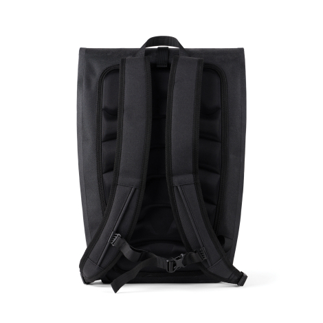 Vue arrière du sac à dos noir montrant un panneau dorsal rembourré à reliefs horizontaux, deux bretelles matelassées réglables e