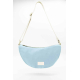 Vue de face du sac demi-lune Inès bleu azur avec fermeture zippée, bandoulière écrue réglable, mousquetons métalliques dorés et 