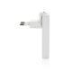 Vue de profil du chargeur blanc au boîtier fin et rectangulaire, avec une fiche européenne à deux broches rondes fixée à l'arriè Vue de profil du chargeur blanc au boîtier fin et rectangulaire, avec une fiche européenne à deux broches rondes fixée à l'arriè