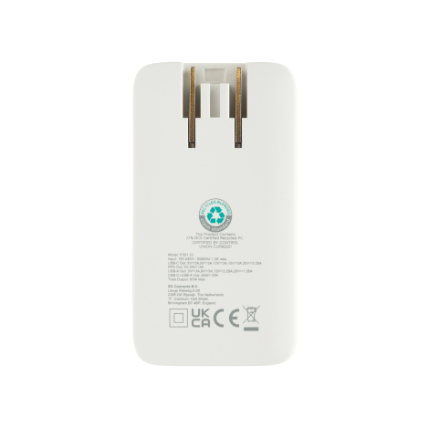 Vue arrière du chargeur plat blanc montrant le système de fixation de la fiche interchangeable en partie supérieure, les contact