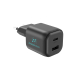 Chargeur secteur noir compact aux angles arrondis, présenté de trois-quarts avec deux broches rondes et des ports USB-C et USB-A