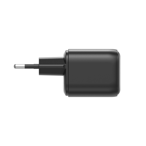 Vue de profil du chargeur secteur noir montrant son boîtier rectangulaire aux angles arrondis, sa surface latérale lisse et la p