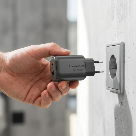 Une main tient le chargeur secteur noir devant une prise murale, ses deux broches rondes dirigées vers celle-ci. Les ports USB-C