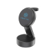 Chargeur sans fil 3-en-1 noir déplié, avec support circulaire incliné pour smartphone, emplacement pour montre connectée à l'arr Chargeur sans fil 3-en-1 noir déplié, avec support circulaire incliné pour smartphone, emplacement pour montre connectée à l'arr