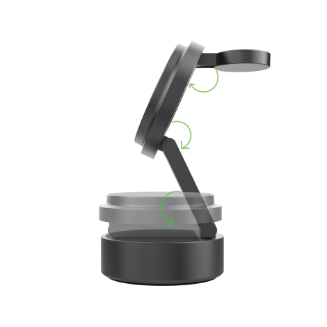 Vue de profil du chargeur sans fil dépliable, avec trois flèches vertes illustrant les articulations permettant d'orienter le su