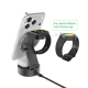 Vue arrière du chargeur 3-en-1 avec un smartphone installé sur son support, une montre connectée en charge et une illustration m Vue arrière du chargeur 3-en-1 avec un smartphone installé sur son support, une montre connectée en charge et une illustration m