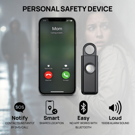 Visuel explicatif présentant l'alarme d'urgence noire à côté d'un smartphone affichant un appel, avec des pictogrammes illustran
