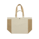 Vue de face du cabas en toile recyclée écrue et beige, montrant ses longues anses pour le port à l'épaule, ses poignées courtes Vue de face du cabas en toile recyclée écrue et beige, montrant ses longues anses pour le port à l'épaule, ses poignées courtes