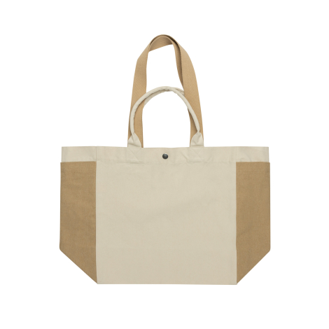 Vue de face du cabas en toile recyclée écrue et beige, montrant ses longues anses pour le port à l'épaule, ses poignées courtes 