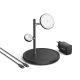 Station de recharge sans fil 3-en-1 noire, avec socle rond, tige verticale et deux supports circulaires de tailles différentes. Station de recharge sans fil 3-en-1 noire, avec socle rond, tige verticale et deux supports circulaires de tailles différentes.