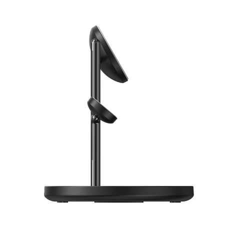 Vue de profil de la station de recharge noire, avec socle plat et tige verticale. Les deux supports circulaires sont inclinés da
