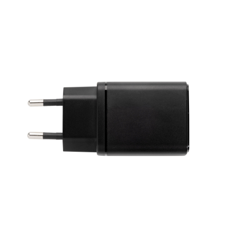 Adaptateur secteur noir de forme rectangulaire, présenté à l'horizontale avec deux broches métalliques rondes et un boîtier aux 