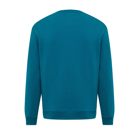 Vue de dos d'un sweat bleu pétrole à manches longues, avec une encolure ronde, une couture en demi-lune sous le col et des finit