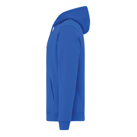 Vue de profil d'un sweat à capuche bleu royal, montrant la coupe droite, la capuche volumineuse, la couture d'épaule, la poche k