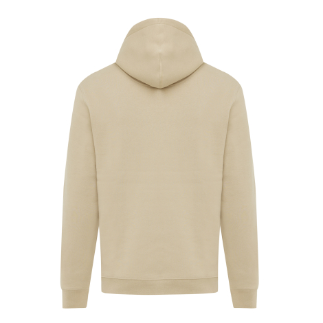 Vue de dos d'un sweat à capuche beige, avec une capuche à couture centrale, des manches longues et des finitions en bord-côte au