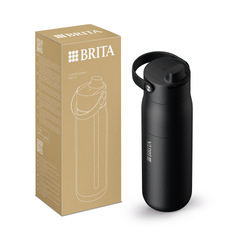Gourde isotherme noire à bouchon avec embout de boisson et poignée de transport rabattue vers l'arrière, présentée à côté de sa 