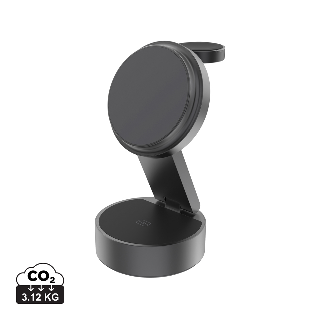 Chargeur sans fil pliable promotionnel 3-en-1 Quantum Gris