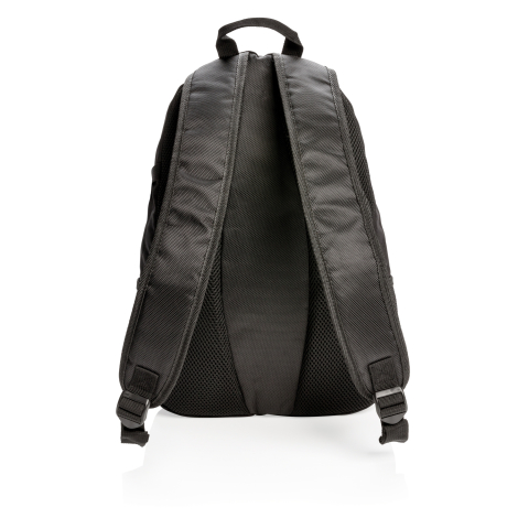 Vue arrière d'un sac à dos de randonnée noir, avec deux bretelles larges rembourrées et réglables, un panneau dorsal matelassé a