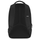 Vue arrière du sac à dos noir, avec deux bretelles rembourrées et réglables, un panneau dorsal matelassé en tissu perforé et une