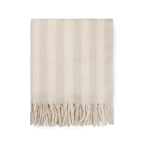 Couverture beige clair et écru soigneusement pliée en rectangle, présentant une alternance de larges rayures verticales aux nuan