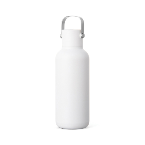 Bouteille isotherme blanche à finition mate, présentée de face sur fond blanc, avec un corps cylindrique aux épaules arrondies, 