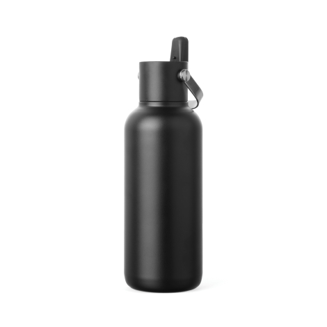 Bouteille isotherme noire mate présentée de trois quarts, avec un bec verseur relevé sur le bouchon et une anse métallique argen