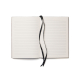 Carnet ouvert à plat sur deux pages blanches lignées, avec deux rubans marque-pages noirs disposés au centre et dépassant largem Carnet ouvert à plat sur deux pages blanches lignées, avec deux rubans marque-pages noirs disposés au centre et dépassant largem