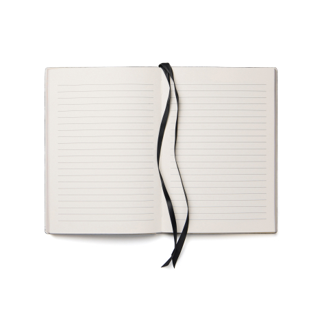 Carnet ouvert à plat sur deux pages blanches lignées, avec deux rubans marque-pages noirs disposés au centre et dépassant largem