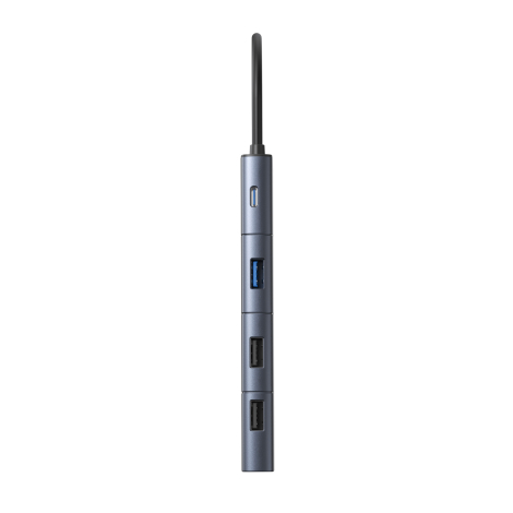Vue du côté opposé du hub USB-C gris bleuté, avec quatre sections alignées comprenant un port USB-C, un port USB-A bleu et deux 