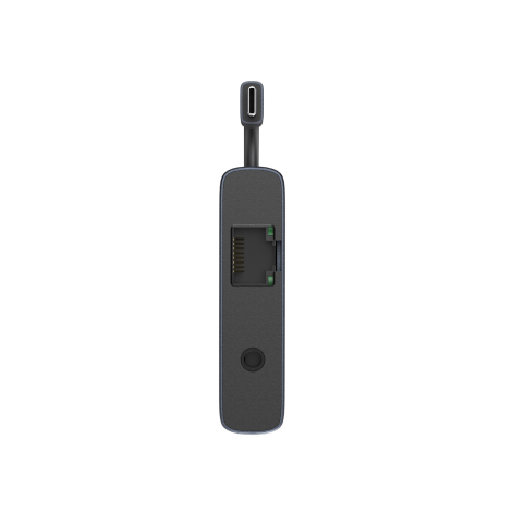 Vue de la tranche du hub USB-C, présentant une surface noire mate aux contours arrondis, avec un port Ethernet rectangulaire à c