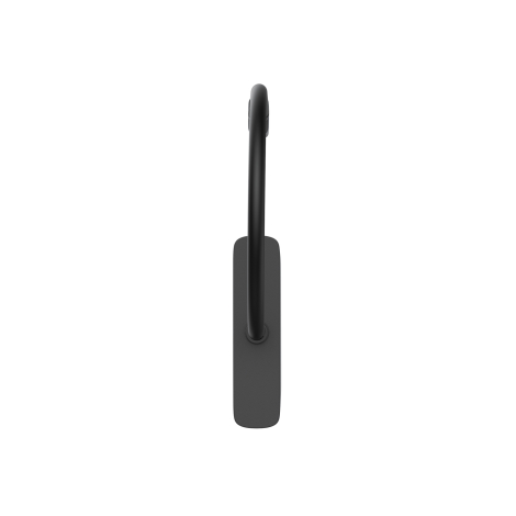 Vue de dessus du hub USB-C, montrant une extrémité noire mate aux angles arrondis, traversée au centre par un câble noir qui se 